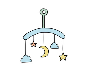 赤ちゃん用のモビールの手描きイラスト かわいい おもちゃ 月 星 雲 空 新生児 揺れる 乳幼児 Wall Mural Yugoro