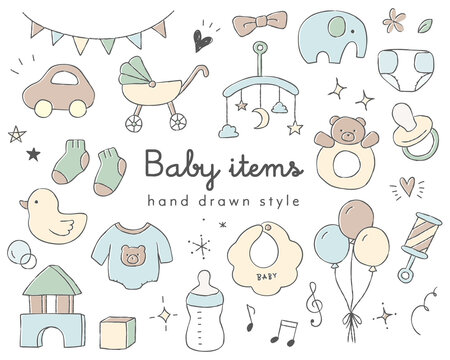 かわいい赤ちゃんアイテムの手描きイラストのセット ベビー おもちゃ こども グッズ 子育て 新生児 Stock ベクター Adobe Stock