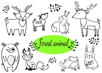 a set of Doodle cliparts with forest animals, hand-drawn contour drawings isolated on a white background, different animals
