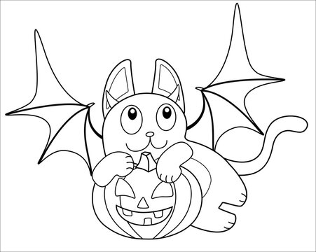 Cute cat in bat costume with pumpkin in paws - vector linear picture for coloring. Halloween picture - a cat with Jack's lantern and bat wings - an element for coloring. Outline.