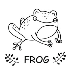 coloring pictures with a frog and the word frog, drawn outline isolated on a white background, educational resource, kindergarten and Junior school