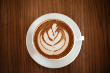 Coffee cup on kitchen table. Top view with copyspace