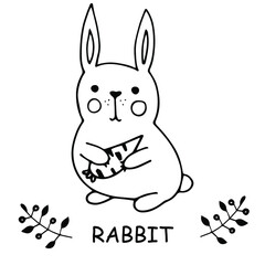 coloring picture with a rabbit and the word rabbit, drawn outline isolated on a white background, educational resource, kindergarten and Junior school
