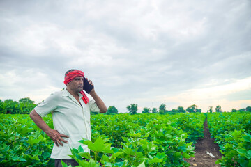 young indian farmer using smartphone at field