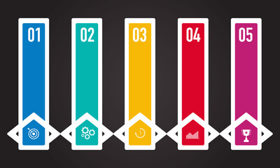 Fototapeta premium Colorful step inforgraphics with arrows and icons, 1 to 5 vector