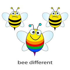 Bright colorful bee cartoon, be different concept
