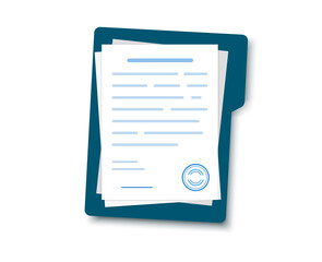 Folder with contract documents. Document. Agreement papers with stamp and text.