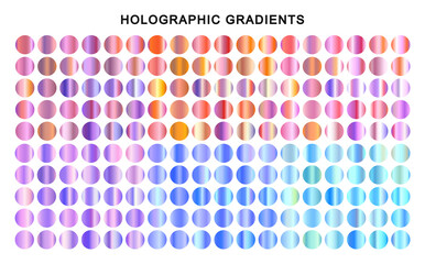 Colorful metallic gradients set. Purple gradients. Collection holographic textures. - obrazy, fototapety, plakaty