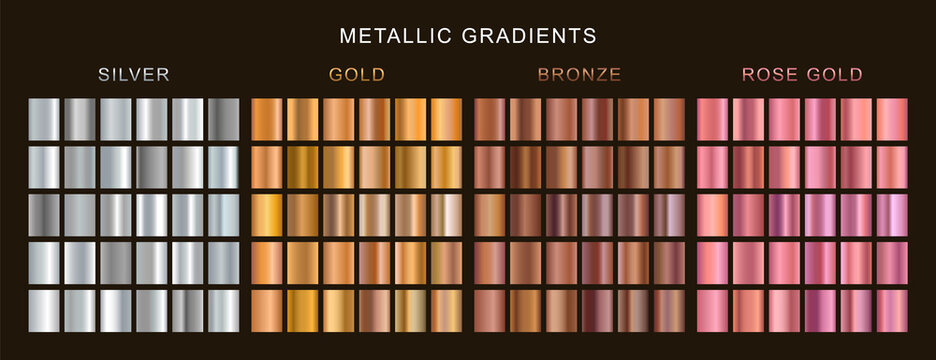 Set of gold, silver, bronze and rose gold gradients. Collection metallic textures. Vector gradients.