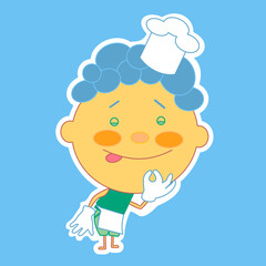 emoticon with chibi cook with yummy expression on his face showing delicious gesture with eyes closed and sticking tongue out a little to express how tasty the food is