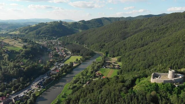 Aerial view of Beskid Mountains near medieval castle in village Rytro, Poland