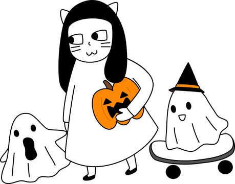 Cartoon of group of ghost friends in Halloween. Simple cute hand draw line vector and minimal icons flat style Character illustration.
