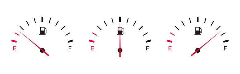 Fuel gauge. Car dashboard. Gasoline meter. Fuel indicator from empty tank to full. - obrazy, fototapety, plakaty