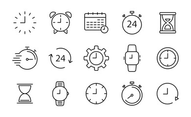 Set of time and clock line icons. Calendar, timer, watch, speed, date and management. Vector web icons.