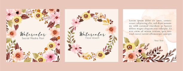 Square Watercolor Frame with Pink Floral and Brown Leaves for Social Media Post