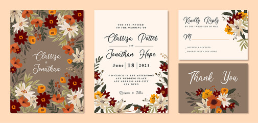 Vintage Wedding Invitation with Warm and Brown Flowers