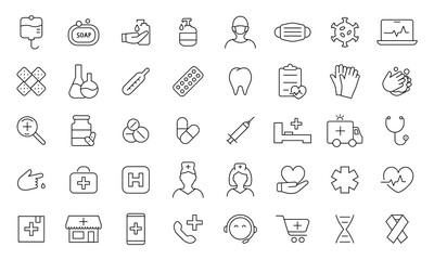 Fototapeta na wymiar Big set of medical linear icons. Medicine and healthcare symbols.