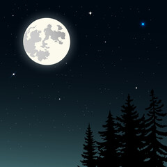 Obraz na płótnie Canvas moon in the night. moon and tree.night sky with full moon, stars and silhouette of pine trees.Vector night landscape. Stars, moon, panorama, gloomy forest.