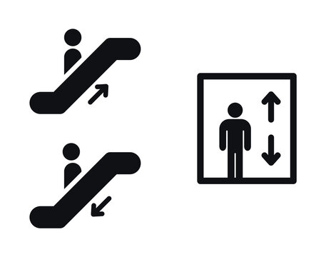 Escalator and elevator signs. Lift and escalator icons.