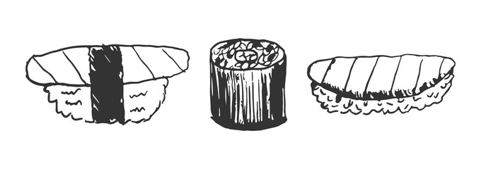 set of 3 sushi roll sketch doodles, vector