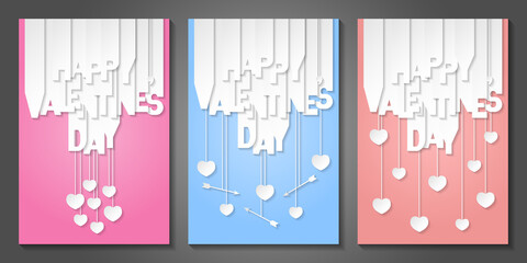 Set of Happy Valentine's Day banners with letters cut out of white paper. Banners with valentines symbols: hearts and arrows. Greeting cards, web banners, invitations. 