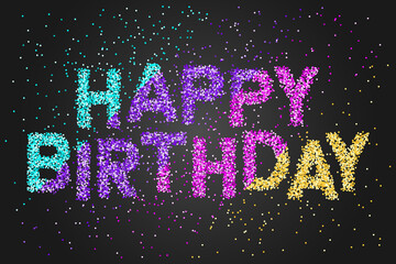 Happy Birthday Banner with colored confetti  text on black background. Elegant luxury Greeting card. Design for flyers, postcards, posters, and banners.