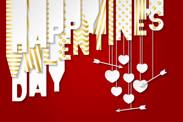 Happy Valentine's Day banner with letters cut out of white and gold paper. Banner with valentines symbols: hearts and arrows. Greeting card, web banner, invitation. 