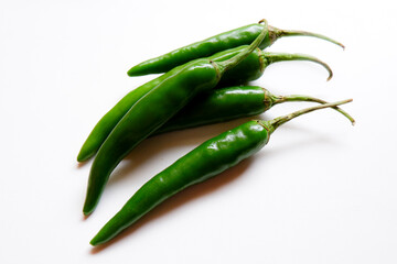 top view of green chillies group isolated on white background