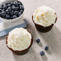 blueberry cupcake, muffin, with cream and coconut flakes on gray concrete background