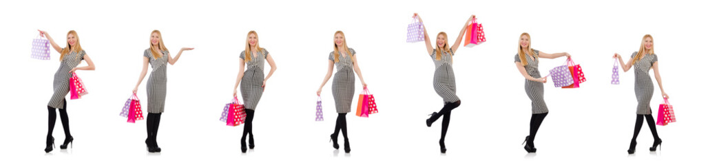 Woman after shopping isolated on white