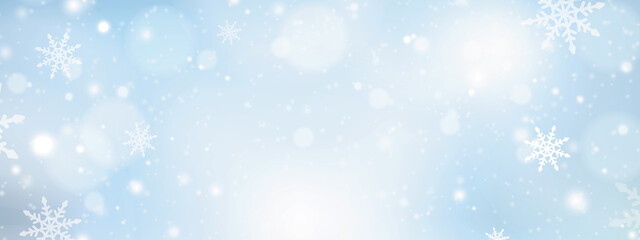 Naklejka na ściany i meble Winter blue sky with falling snow. Merry Christmas and Happy New Year festive background with snowflakes. Xmas design for advertising, social and fashion ads. Place for text. Vector illustration.