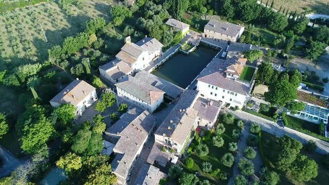 Aerial view of Bagno Vignoni a village in Val D'orcia. Spas, nature and a beautiful landscape