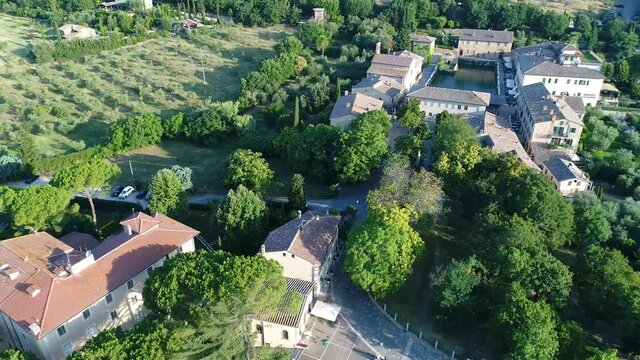 Aerial view of Bagno Vignoni a village in Val D'orcia. Spas, nature and a beautiful landscape