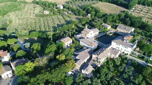 Aerial view of Bagno Vignoni a village in Val D'orcia. Spas, nature and a beautiful landscape