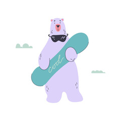 Funny polar bear with snowboard. Vector illustration.