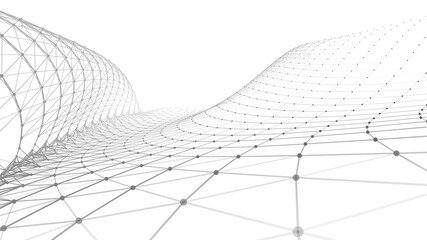 Futuristic white futuristic background. Wave with connecting dots and lines on wave background. Abstract interlacing lines and points. Digital connection of elements. Imitation waves. 3d rendering.