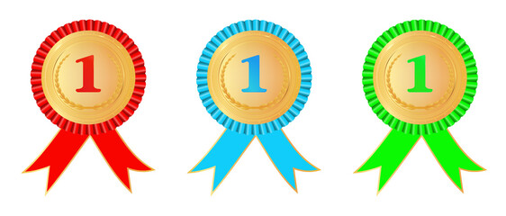 Award rosette 1 place gold and red, blue and green color with ribbon.First place. Symbol of winner celebration, best champion achievement. Stock vector illustration on white isolated background.