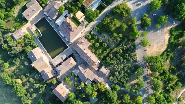 Aerial view of Bagno Vignoni a village in Val D'orcia. Spas, nature and a beautiful landscape