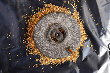 Tradition An Old Indian Hand Flour Mill. Grinding CHICKPEAS .