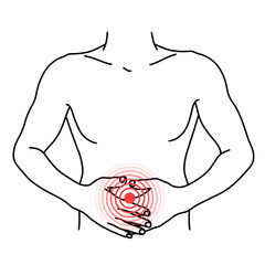 Abdominal pain minimal medical outline poster. Red spot showing disease location. Stomach ache.