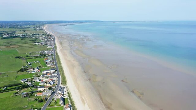 Beautiful aerial seascape on a sunny beach next to Utah beach Normandy France