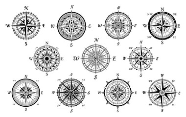 Nautical compasses vintage set. Wind rose medieval tools. Geographical marine navigation equipment.