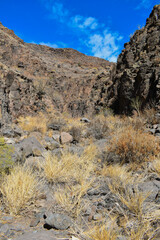 Landscape of arid and rocky mountains in Gran Canaria.