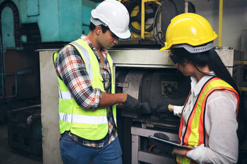 Leader supervisor training with new engineer and technician while working or operate in factory, inspection or checking or adjust at maintenance machine shop 