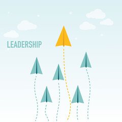 Paper planes flying in the blue sky, leadership concept. Leader who drive the team to success