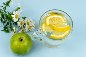 Glass cup with water and lemon slices, green apple and chamomile
