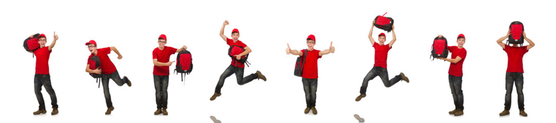 Young traveller with backpack isolated on white