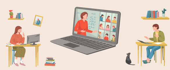 E-learning, online education at home vector illustration concept.teacher on laptop screen online video conference.Teen students boy and girl sitting with laptop or computer. School during coronavirus 