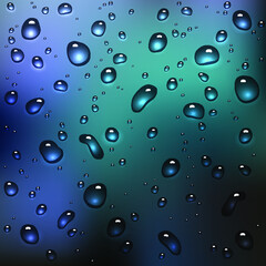 Water rain drops or condensation over blurred and blue nature background beyond the window, realistic transparent vector illustration.
