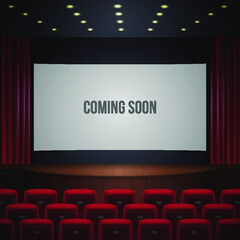 cinema or theater hall, wood podium, red chairs, red curtain, wide screen with sign coming soon, realistic vector illustration.